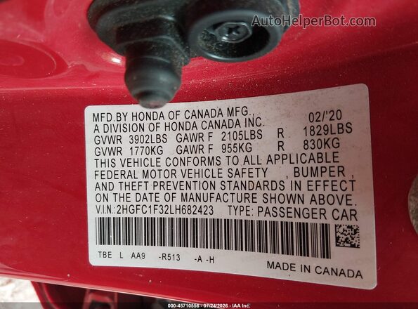 2HGFC1F32LH682423 2020 HONDA CIVIC Red Widok komory silnika