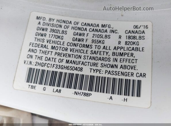 2HGFC1F33GH650408 2016 HONDA CIVIC White Vista del compartimento del motor