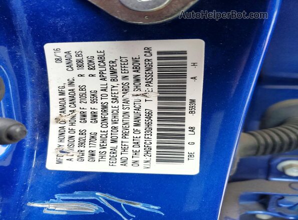 2HGFC1F33GH654667 2016 HONDA CIVIC Blue VIN კოდის სტიკერის ხედი