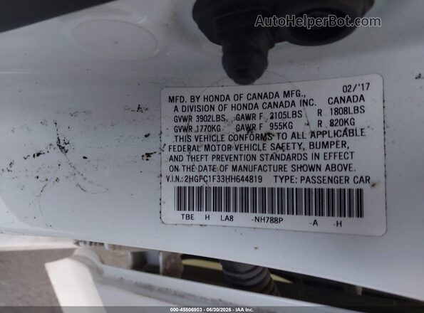 2HGFC1F33HH644819 2017 HONDA CIVIC White Vista del compartimento del motor