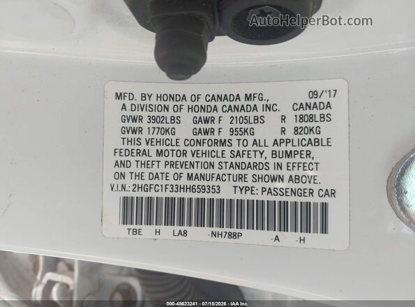 2HGFC1F33HH659353 2017 HONDA CIVIC White ძრავის განყოფილების ხედი