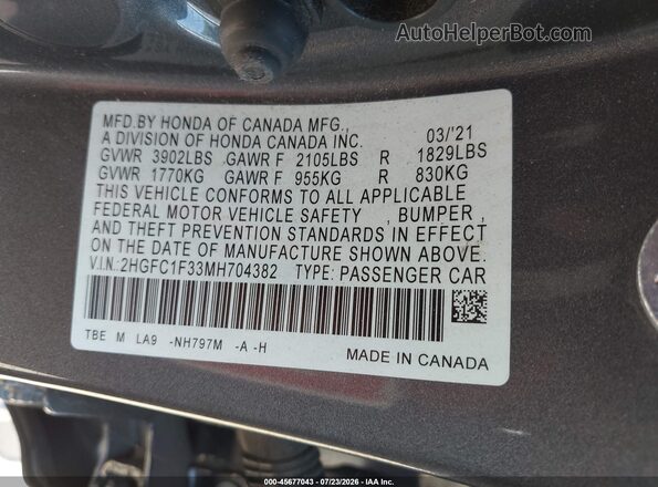 2HGFC1F33MH704382 2021 HONDA CIVIC Gray Շարժիչի բաժամունքի տեսք
