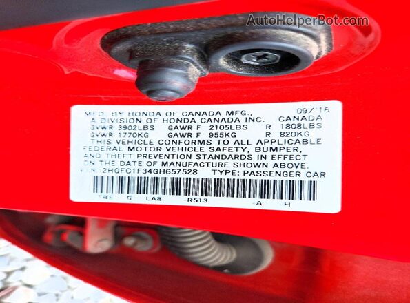 2HGFC1F34GH657528 2016 HONDA CIVIC Red VIN sticker view