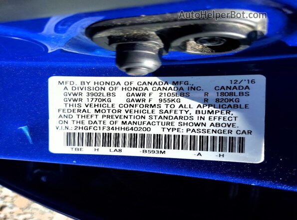 2HGFC1F34HH640200 2017 HONDA CIVIC Blue Vista de la etiqueta del VIN