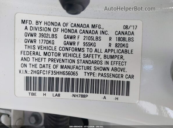 2HGFC1F35HH656065 2017 HONDA CIVIC White Շարժիչի բաժամունքի տեսք