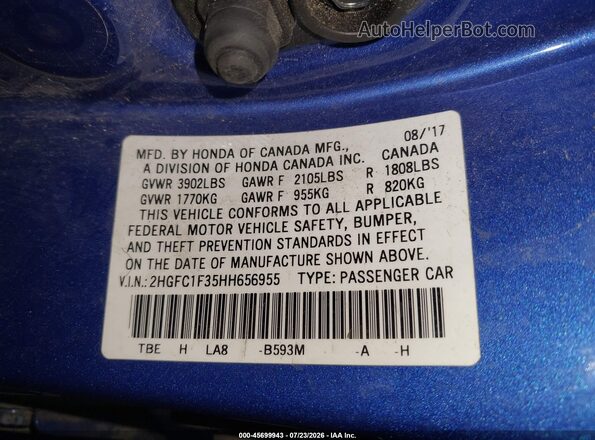 2HGFC1F35HH656955 2017 HONDA CIVIC Blue Engine compartment view