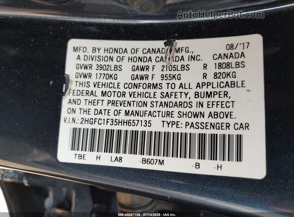 2HGFC1F35HH657135 2017 HONDA CIVIC Blue Շարժիչի բաժամունքի տեսք