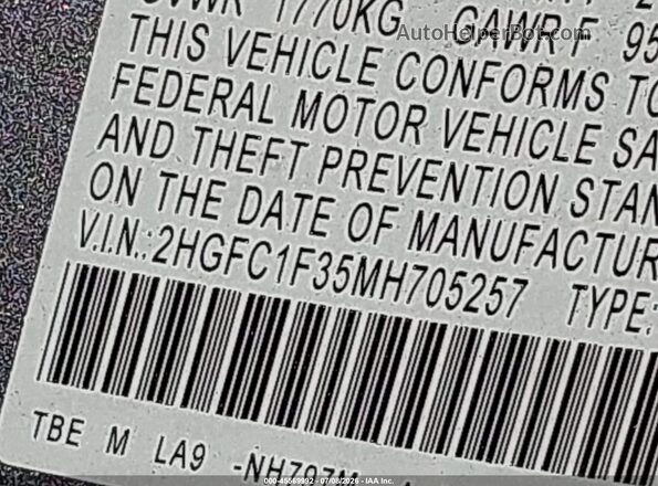 2HGFC1F35MH705257 2021 HONDA CIVIC Gray ძრავის განყოფილების ხედი