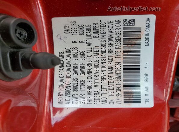 2HGFC1F35MH706084 2021 HONDA CIVIC Red Շարժիչի բաժամունքի տեսք