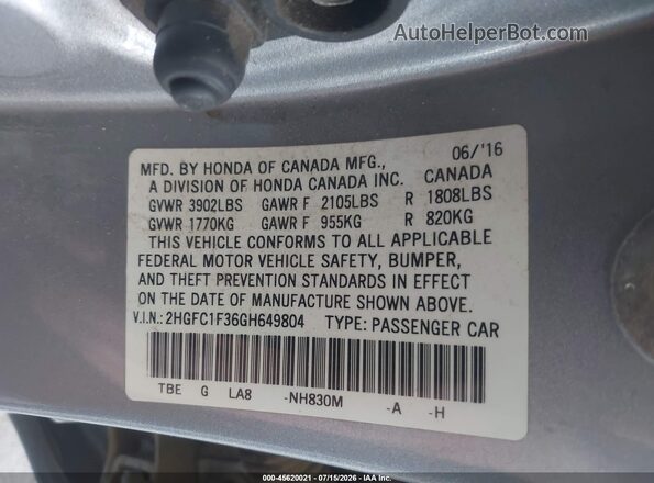 2HGFC1F36GH649804 2016 HONDA CIVIC Silver Widok komory silnika