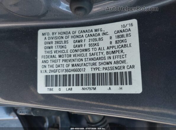 2HGFC1F36GH660012 2016 HONDA CIVIC Серый Вид подкапотного пространства