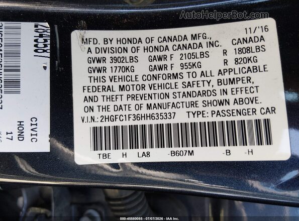 2HGFC1F36HH635337 2017 HONDA CIVIC Blue Widok komory silnika