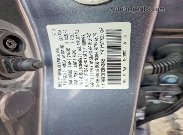 2HGFC1F36HH637668 2017 HONDA CIVIC Gray Շարժիչի բաժամունքի տեսք