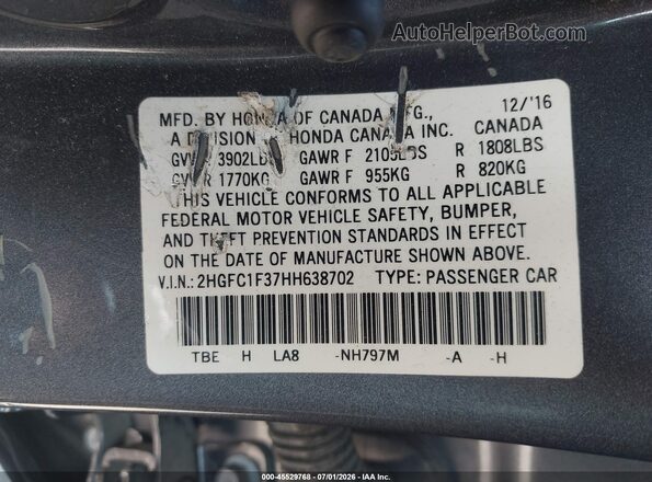 2HGFC1F37HH638702 2017 HONDA CIVIC Серый Вид подкапотного пространства