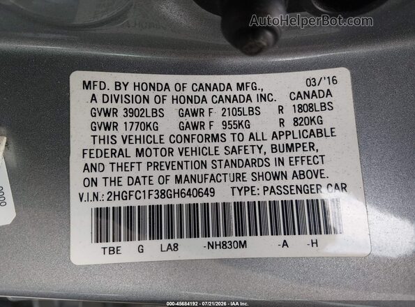 2HGFC1F38GH640649 2016 HONDA CIVIC Silver Vista del compartimento del motor
