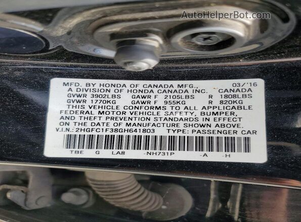 2HGFC1F38GH641803 2016 HONDA CIVIC Black ძრავის განყოფილების ხედი