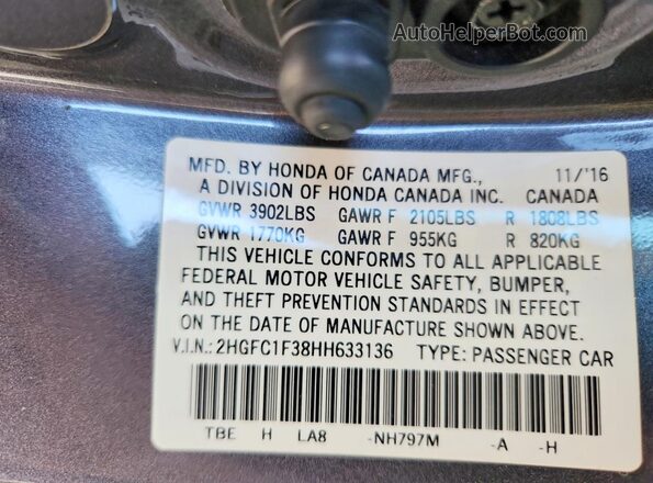 2HGFC1F38HH633136 2017 HONDA CIVIC Gray Vista del compartimento del motor