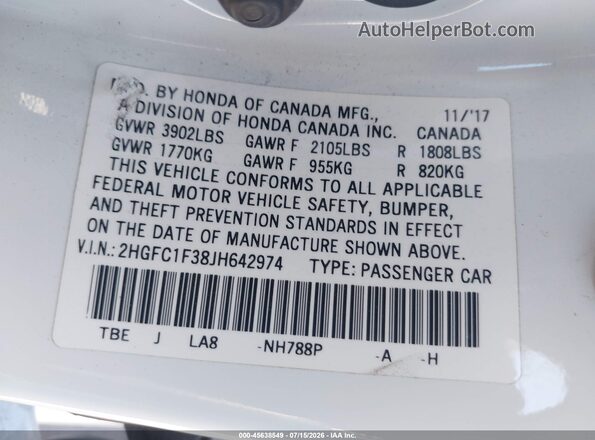 2HGFC1F38JH642974 2018 HONDA CIVIC White Вид підкапотного простору
