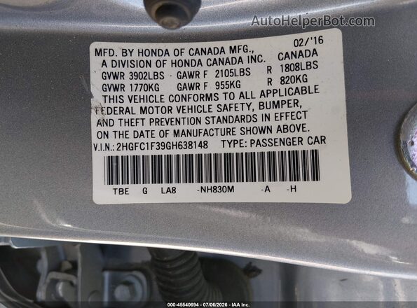 2HGFC1F39GH638148 2016 HONDA CIVIC Silver Շարժիչի բաժամունքի տեսք