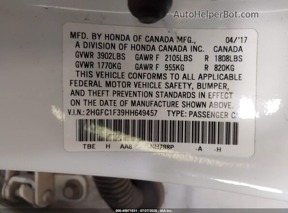 2HGFC1F39HH649457 2017 HONDA CIVIC White Widok komory silnika