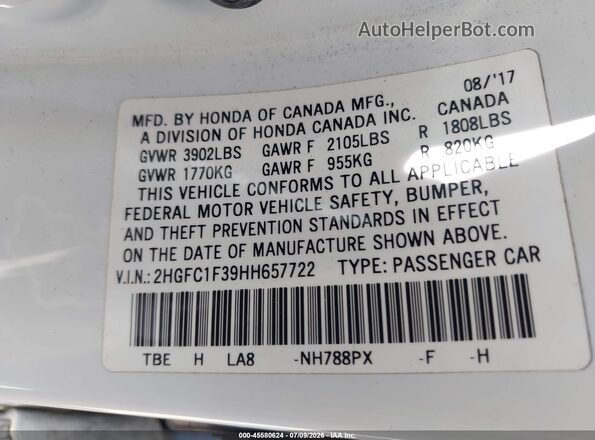 2HGFC1F39HH657722 2017 HONDA CIVIC White Вид підкапотного простору