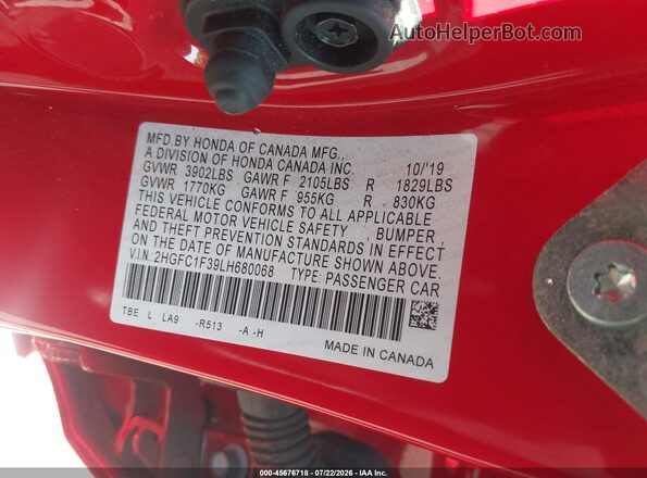 2HGFC1F39LH680068 2020 HONDA CIVIC Red Շարժիչի բաժամունքի տեսք