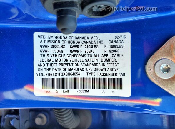 2HGFC1F3XGH640541 2016 HONDA CIVIC Blue Շարժիչի բաժամունքի տեսք