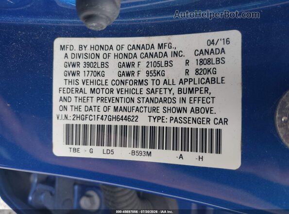 2HGFC1F47GH644622 2016 HONDA CIVIC Blue Vista del compartimento del motor