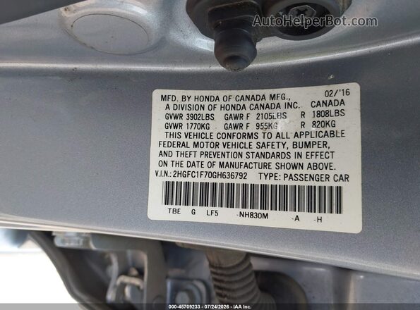 2HGFC1F70GH636792 2016 HONDA CIVIC Silver ძრავის განყოფილების ხედი