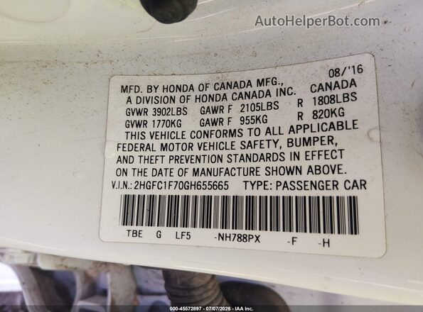 2HGFC1F70GH655665 2016 HONDA CIVIC White Vista del compartimento del motor