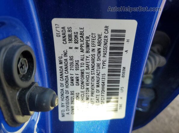 2HGFC1F70HH641315 2017 HONDA CIVIC Blue VIN կոդի պիտակի տեսք