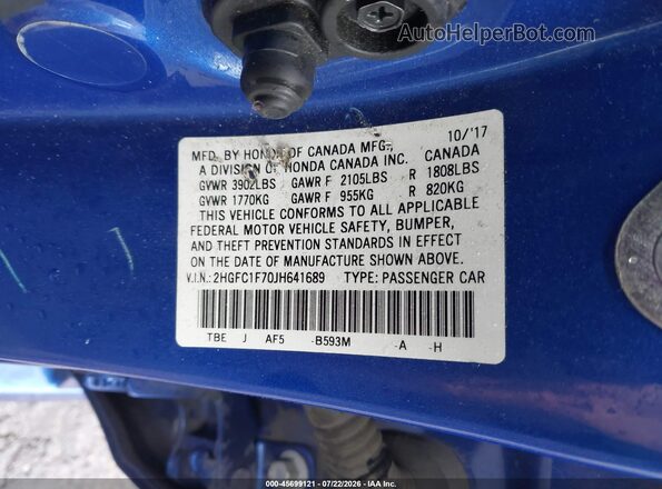 2HGFC1F70JH641689 2018 HONDA CIVIC Blue Engine compartment view
