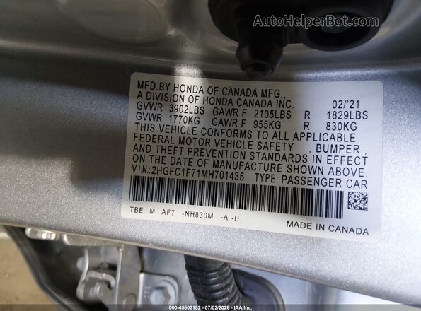2HGFC1F71MH701435 2021 HONDA CIVIC Silver Vista del compartimento del motor