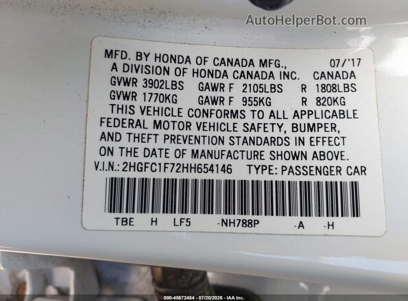 2HGFC1F72HH654146 2017 HONDA CIVIC White Շարժիչի բաժամունքի տեսք