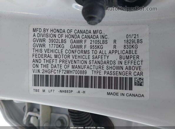 2HGFC1F72MH700889 2021 HONDA CIVIC White Engine compartment view