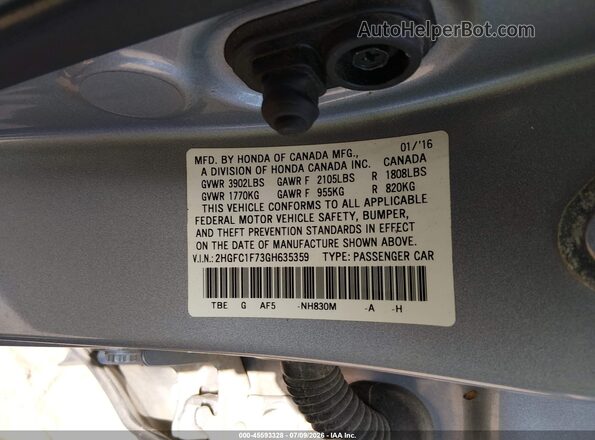 2HGFC1F73GH635359 2016 HONDA CIVIC Silver Engine compartment view