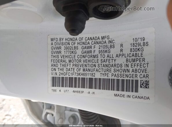 2HGFC1F73KH651182 2019 HONDA CIVIC White ძრავის განყოფილების ხედი