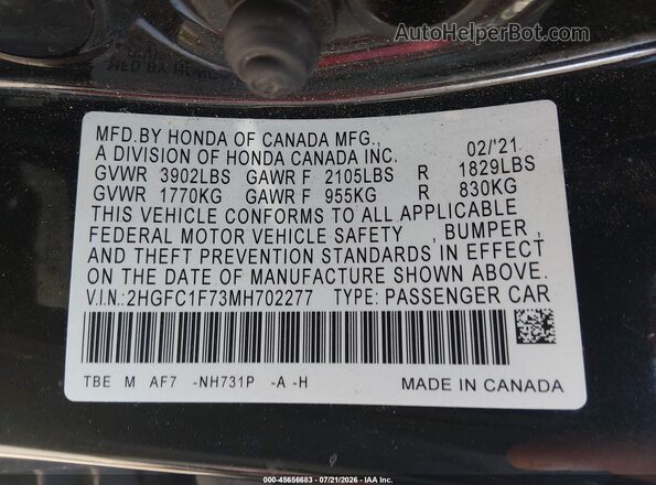 2HGFC1F73MH702277 2021 HONDA CIVIC Black Vista del compartimento del motor