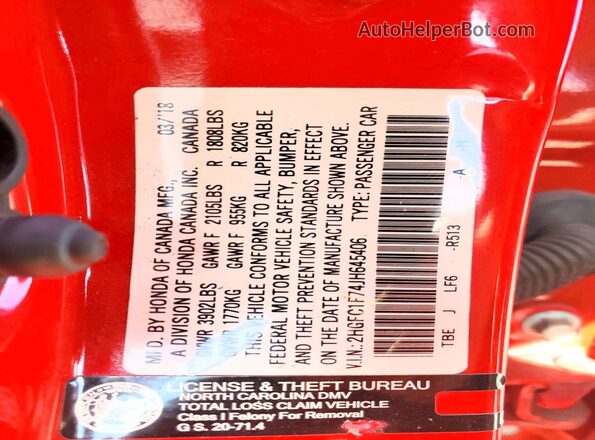 2HGFC1F74JH645406 2018 HONDA CIVIC Red Вид підкапотного простору