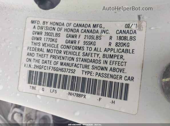2HGFC1F76GH637252 2016 HONDA CIVIC White Widok komory silnika