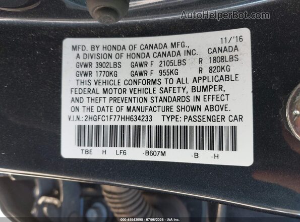 2HGFC1F77HH634233 2017 HONDA CIVIC Black Вид підкапотного простору