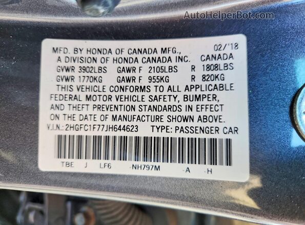 2HGFC1F77JH644623 2018 HONDA CIVIC Gray Engine compartment view
