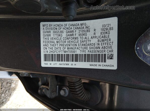 2HGFC1F77MH705991 2021 HONDA CIVIC Gray Vista del compartimento del motor