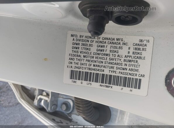 2HGFC1F78GH654554 2016 HONDA CIVIC Белый Вид подкапотного пространства