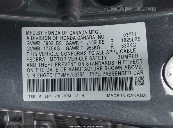 2HGFC1F79MH703255 2021 HONDA CIVIC Gray Widok komory silnika
