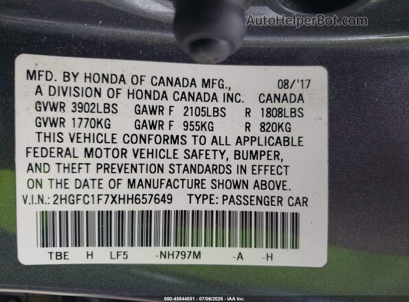 2HGFC1F7XHH657649 2017 HONDA CIVIC Gray Vista del compartimento del motor