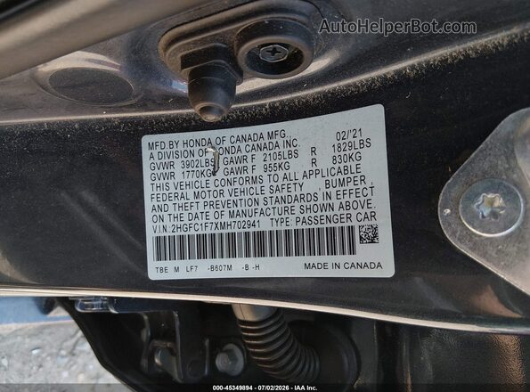 2HGFC1F7XMH702941 2021 HONDA CIVIC Black Engine compartment view
