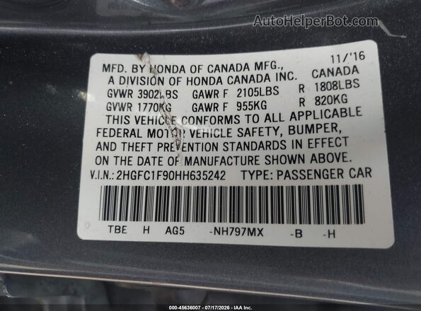 2HGFC1F90HH635242 2017 HONDA CIVIC Серый Вид подкапотного пространства