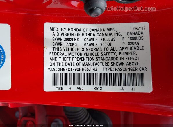 2HGFC1F90HH653143 2017 HONDA CIVIC Красный Вид подкапотного пространства