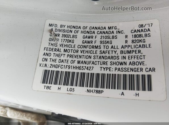 2HGFC1F91HH657427 2017 HONDA CIVIC White Вид підкапотного простору